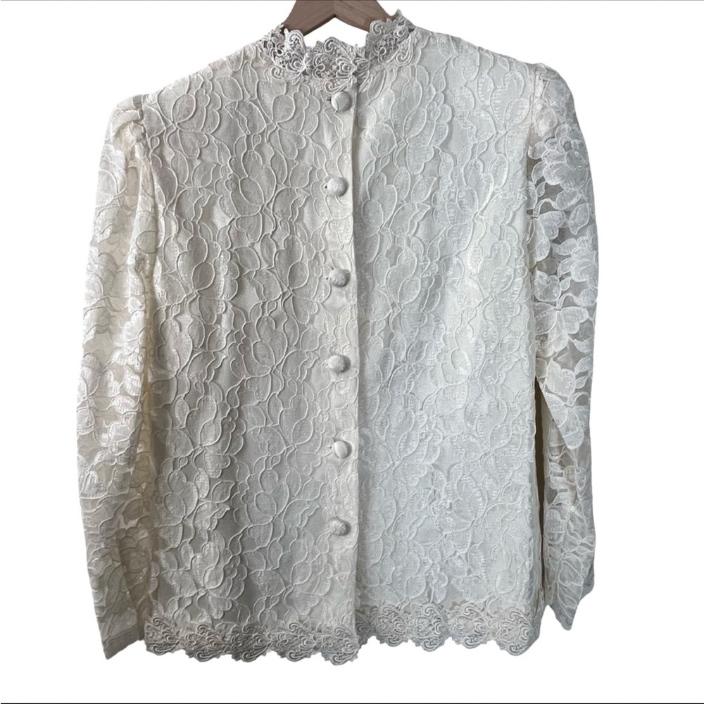 Vintage 80s Victorian Lace Blouse Ivory High Neck Romantic Top Modern Heirloom - Picture 2 of 11
